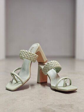 Woven Strap Block Heel Sandals Sage Green Square Toe Slip-On Design Womens Footw